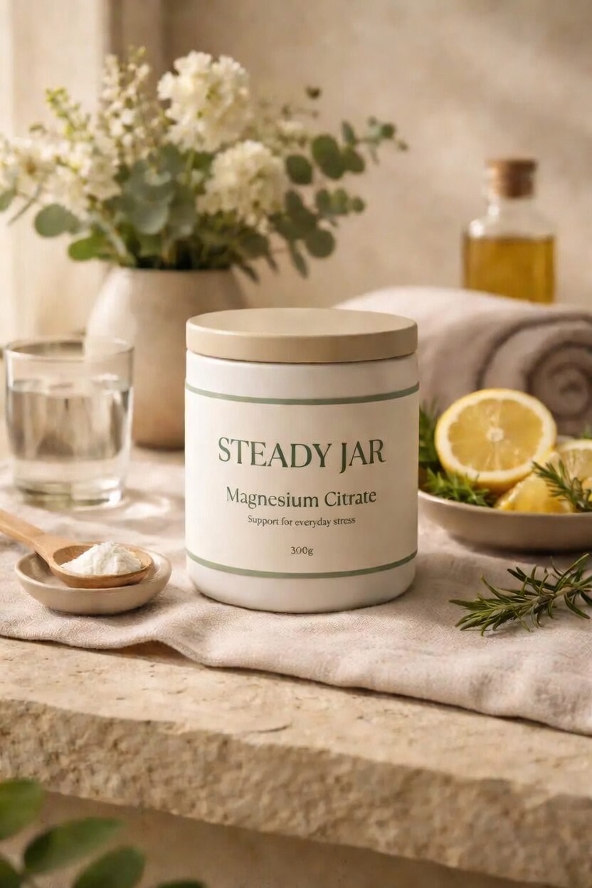 Amber glass SteadyJar Daily Calm bottle with magnesium citrate capsules